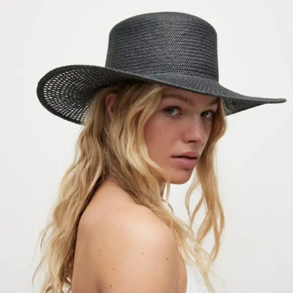 All Saints Black Wide-Brim Straw Sun Hat